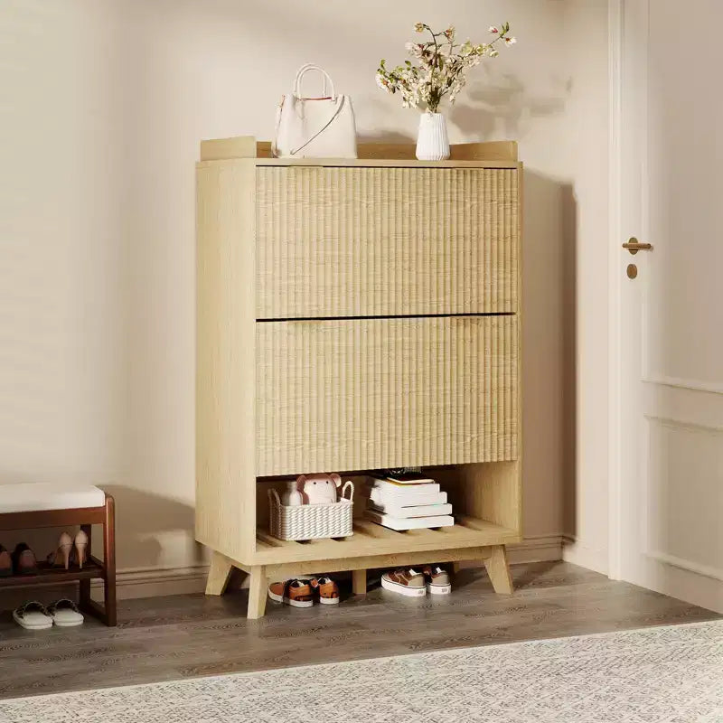 48 Tall Narrow Fluted Shoe Cabinet, Entryway Storage Organizer Shoe Organizer with Bottom Open Shelf,2 Flip Drawers,Adjustable Shelves,Curved Profile