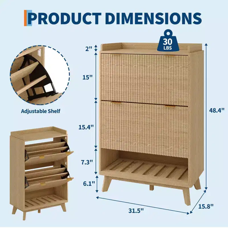 48 Tall Narrow Fluted Shoe Cabinet, Entryway Storage Organizer Shoe Organizer with Bottom Open Shelf,2 Flip Drawers,Adjustable Shelves,Curved Profile