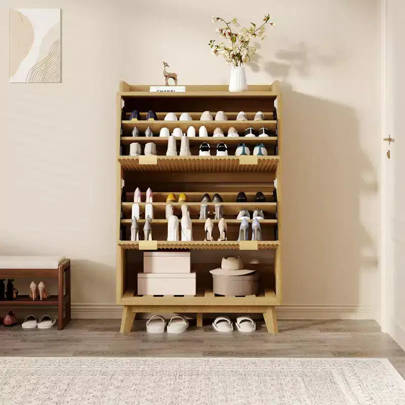 48 Tall Narrow Fluted Shoe Cabinet, Entryway Storage Organizer Shoe Organizer with Bottom Open Shelf,2 Flip Drawers,Adjustable Shelves,Curved Profile