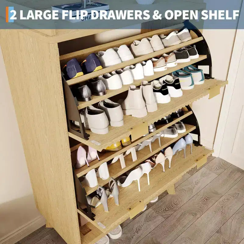 48 Tall Narrow Fluted Shoe Cabinet, Entryway Storage Organizer Shoe Organizer with Bottom Open Shelf,2 Flip Drawers,Adjustable Shelves,Curved Profile