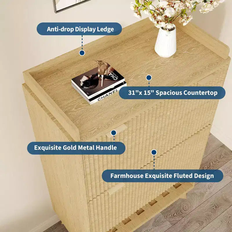 48 Tall Narrow Fluted Shoe Cabinet, Entryway Storage Organizer Shoe Organizer with Bottom Open Shelf,2 Flip Drawers,Adjustable Shelves,Curved Profile
