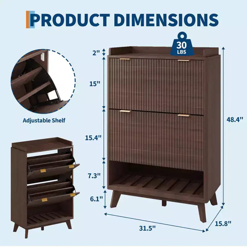 48 Tall Narrow Fluted Shoe Cabinet, Entryway Storage Organizer Shoe Organizer with Bottom Open Shelf,2 Flip Drawers,Adjustable Shelves,Curved Profile