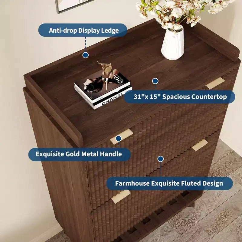 48 Tall Narrow Fluted Shoe Cabinet, Entryway Storage Organizer Shoe Organizer with Bottom Open Shelf,2 Flip Drawers,Adjustable Shelves,Curved Profile