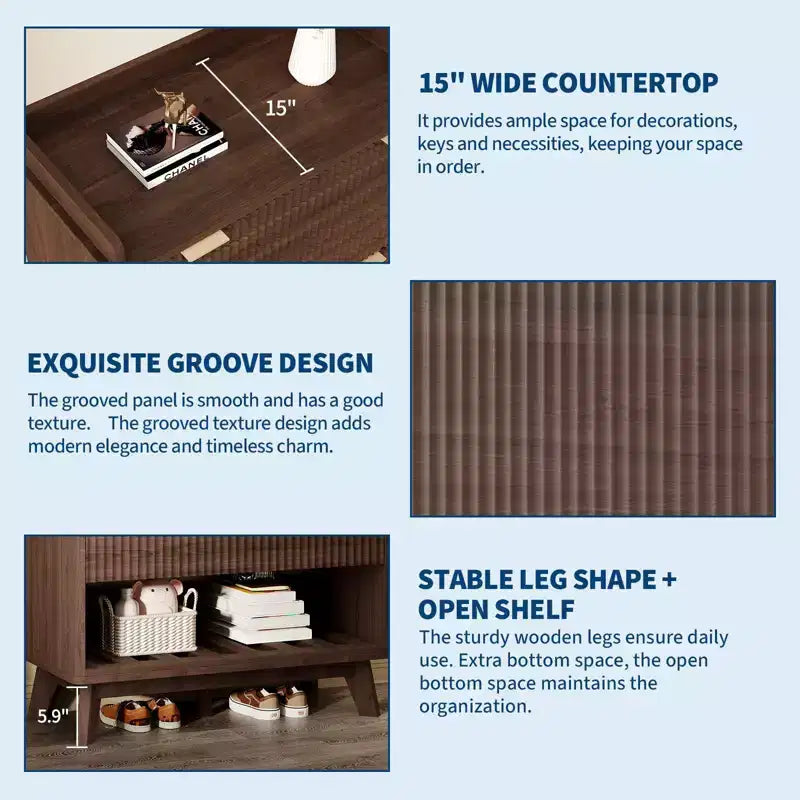 48 Tall Narrow Fluted Shoe Cabinet, Entryway Storage Organizer Shoe Organizer with Bottom Open Shelf,2 Flip Drawers,Adjustable Shelves,Curved Profile