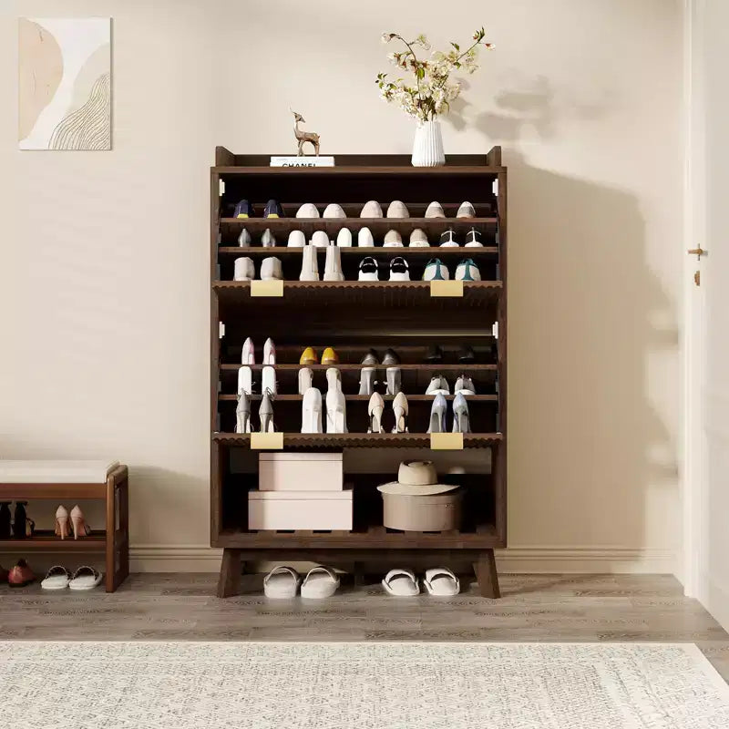 48 Tall Narrow Fluted Shoe Cabinet, Entryway Storage Organizer Shoe Organizer with Bottom Open Shelf,2 Flip Drawers,Adjustable Shelves,Curved Profile