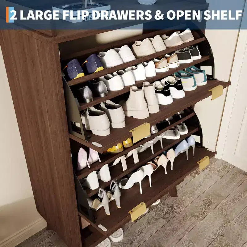 48 Tall Narrow Fluted Shoe Cabinet, Entryway Storage Organizer Shoe Organizer with Bottom Open Shelf,2 Flip Drawers,Adjustable Shelves,Curved Profile