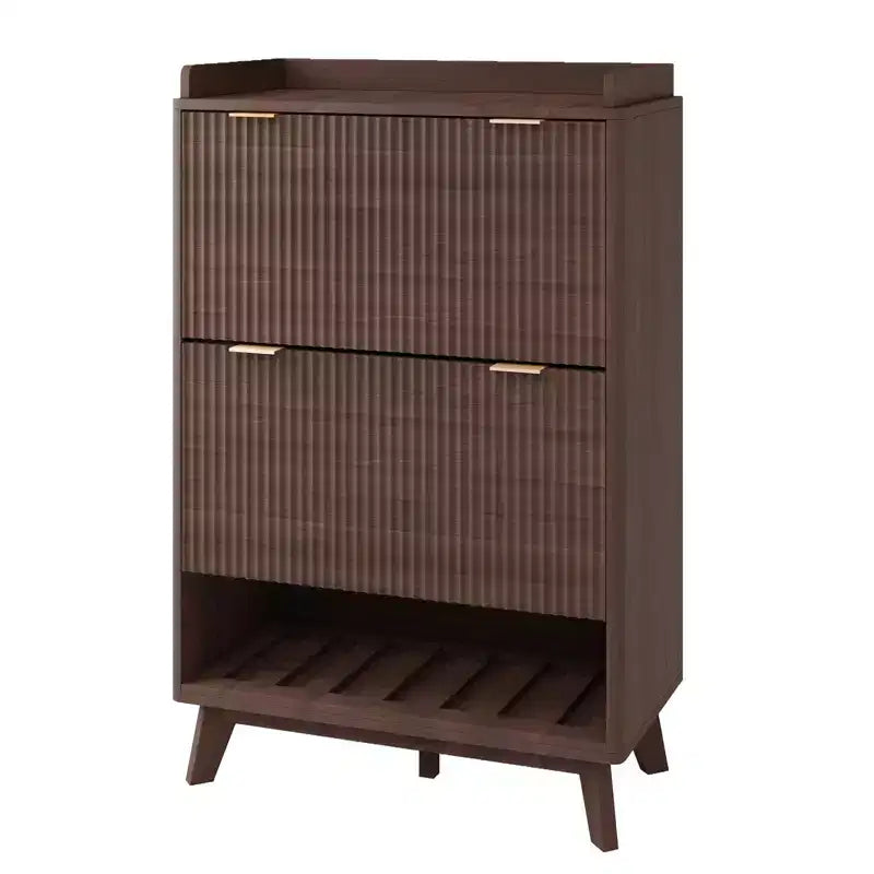 48 Tall Narrow Fluted Shoe Cabinet, Entryway Storage Organizer Shoe Organizer with Bottom Open Shelf,2 Flip Drawers,Adjustable Shelves,Curved Profile