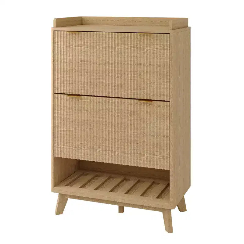 48 Tall Narrow Fluted Shoe Cabinet, Entryway Storage Organizer Shoe Organizer with Bottom Open Shelf,2 Flip Drawers,Adjustable Shelves,Curved Profile