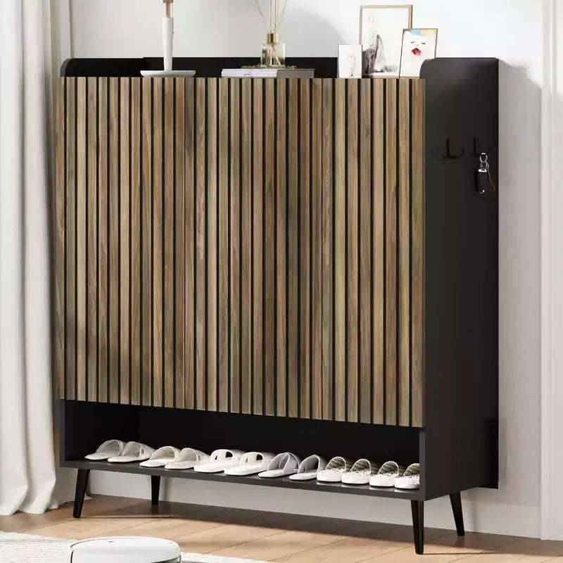 Shoe Storage Cabinet with Smooth Fluted Sliding Doors, 6-Tier Shoe Cabinet Storage for Entryway, Narrow Hidden Shoe Rack for Front Door Entrance