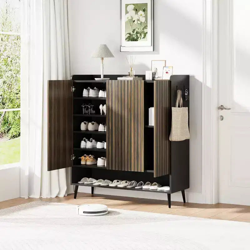 Shoe Storage Cabinet with Smooth Fluted Sliding Doors, 6-Tier Shoe Cabinet Storage for Entryway, Narrow Hidden Shoe Rack for Front Door Entrance
