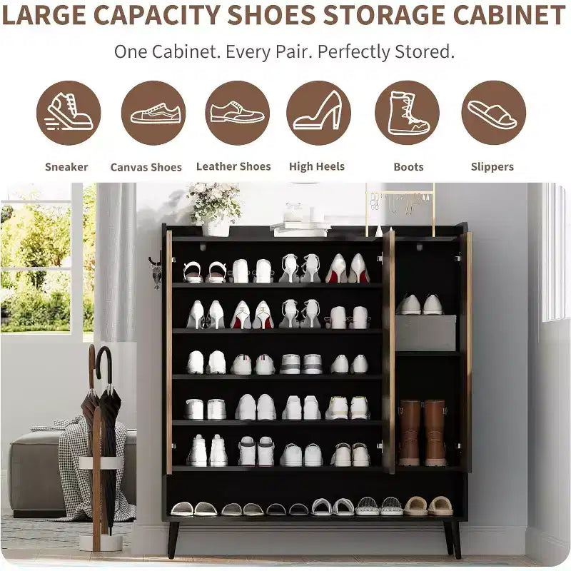 Shoe Storage Cabinet with Smooth Fluted Sliding Doors, 6-Tier Shoe Cabinet Storage for Entryway, Narrow Hidden Shoe Rack for Front Door Entrance