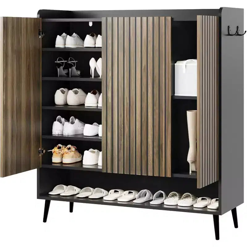 Shoe Storage Cabinet with Smooth Fluted Sliding Doors, 6-Tier Shoe Cabinet Storage for Entryway, Narrow Hidden Shoe Rack for Front Door Entrance