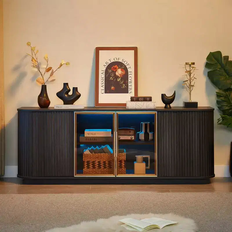 Fluted TV Stand TVs Up to, Mid Century Modern TV Console with 2 Door and 1 Drawer, Entertainment Center with Curved Profile