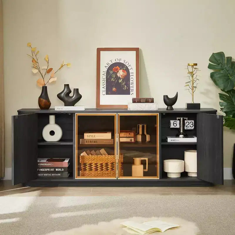 Fluted TV Stand TVs Up to, Mid Century Modern TV Console with 2 Door and 1 Drawer, Entertainment Center with Curved Profile