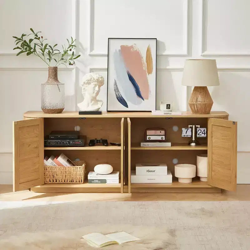 Fluted TV Stand TVs Up to, Mid Century Modern TV Console with 2 Door and 1 Drawer, Entertainment Center with Curved Profile