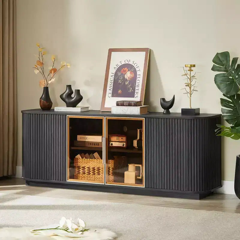 Fluted TV Stand TVs Up to, Mid Century Modern TV Console with 2 Door and 1 Drawer, Entertainment Center with Curved Profile