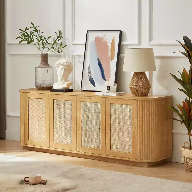 Fluted TV Stand TVs Up to, Mid Century Modern TV Console with 2 Door and 1 Drawer, Entertainment Center with Curved Profile