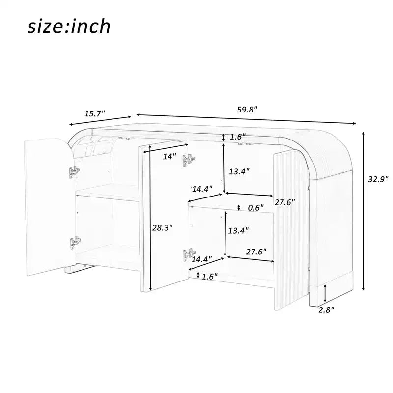 Contemporary Wavy Door Sideboard with Curved Corners and Adjustable Shelves, Storage Cabinet for Kitchen, Dining, Living Room, Bedroom