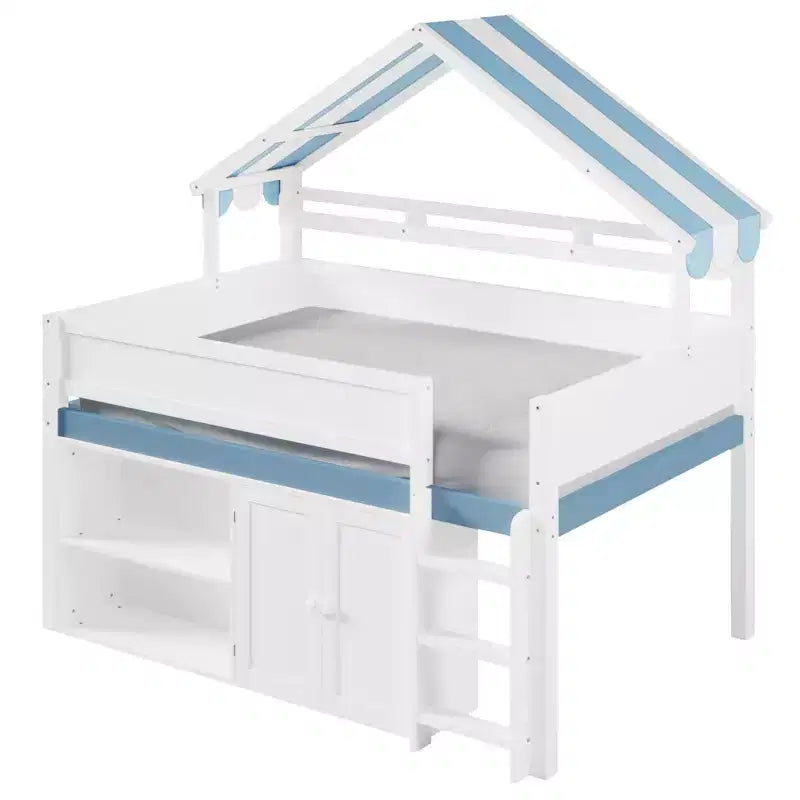Full Size Loft Bed with Storage Cabinet & Shelves, Full Wood Playhouse Loft Bed Frame with Canopy Roof