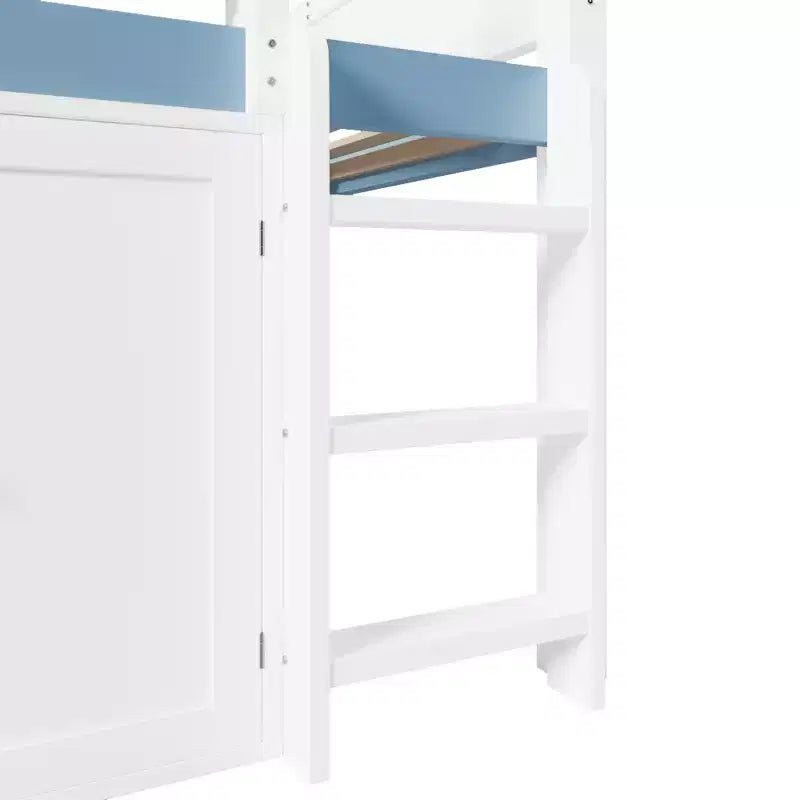 Full Size Loft Bed with Storage Cabinet & Shelves, Full Wood Playhouse Loft Bed Frame with Canopy Roof