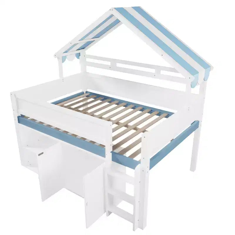 Full Size Loft Bed with Storage Cabinet & Shelves, Full Wood Playhouse Loft Bed Frame with Canopy Roof