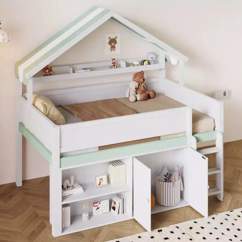 Full Size Loft Bed with Storage Cabinet & Shelves, Full Wood Playhouse Loft Bed Frame with Canopy Roof