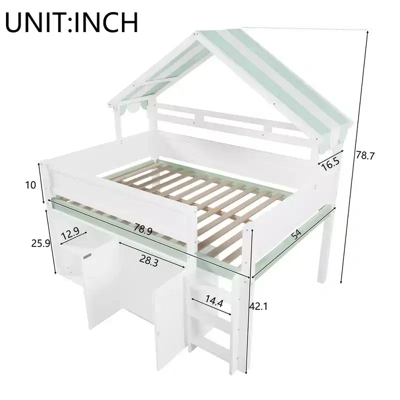 Full Size Loft Bed with Storage Cabinet & Shelves, Full Wood Playhouse Loft Bed Frame with Canopy Roof
