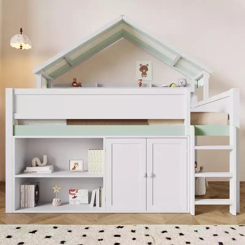 Full Size Loft Bed with Storage Cabinet & Shelves, Full Wood Playhouse Loft Bed Frame with Canopy Roof