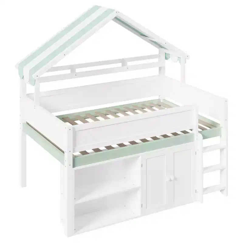 Full Size Loft Bed with Storage Cabinet & Shelves, Full Wood Playhouse Loft Bed Frame with Canopy Roof