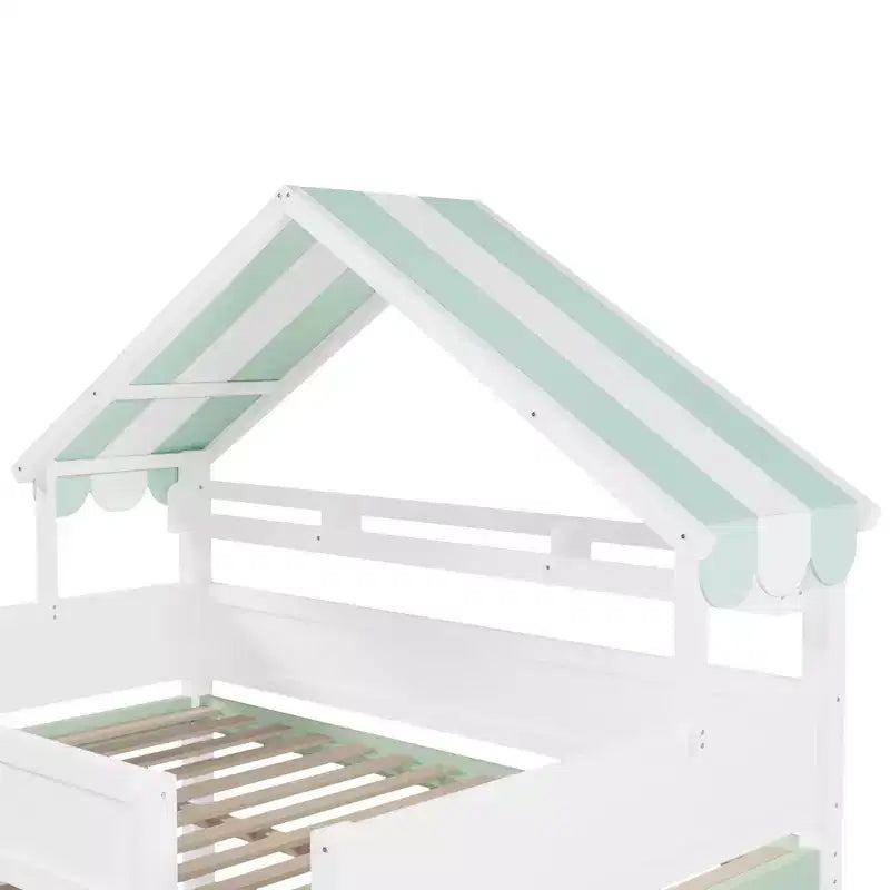 Full Size Loft Bed with Storage Cabinet & Shelves, Full Wood Playhouse Loft Bed Frame with Canopy Roof