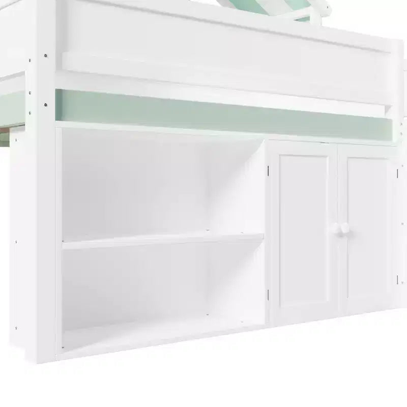 Full Size Loft Bed with Storage Cabinet & Shelves, Full Wood Playhouse Loft Bed Frame with Canopy Roof