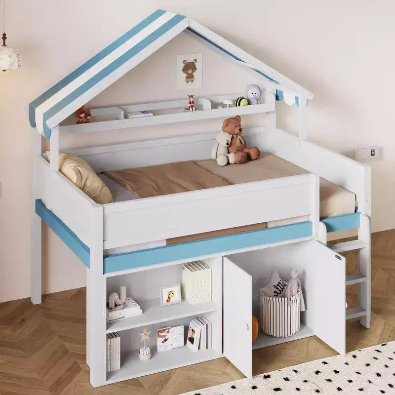 Full Size Loft Bed with Storage Cabinet & Shelves, Full Wood Playhouse Loft Bed Frame with Canopy Roof