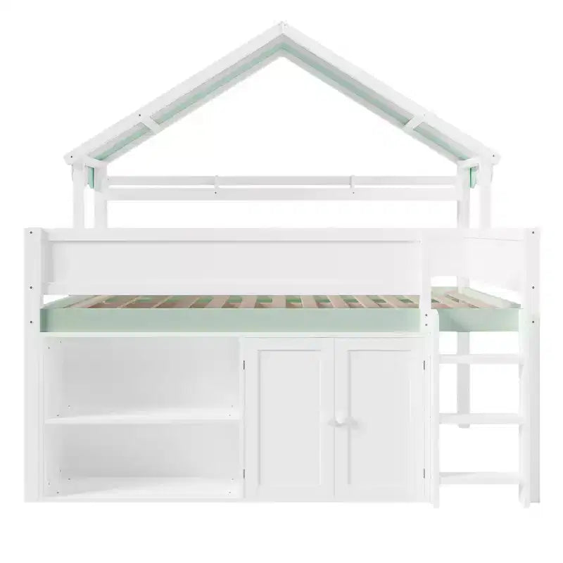 Full Size Loft Bed with Storage Cabinet & Shelves, Full Wood Playhouse Loft Bed Frame with Canopy Roof