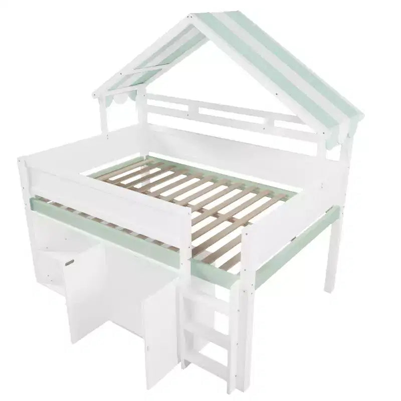 Full Size Loft Bed with Storage Cabinet & Shelves, Full Wood Playhouse Loft Bed Frame with Canopy Roof