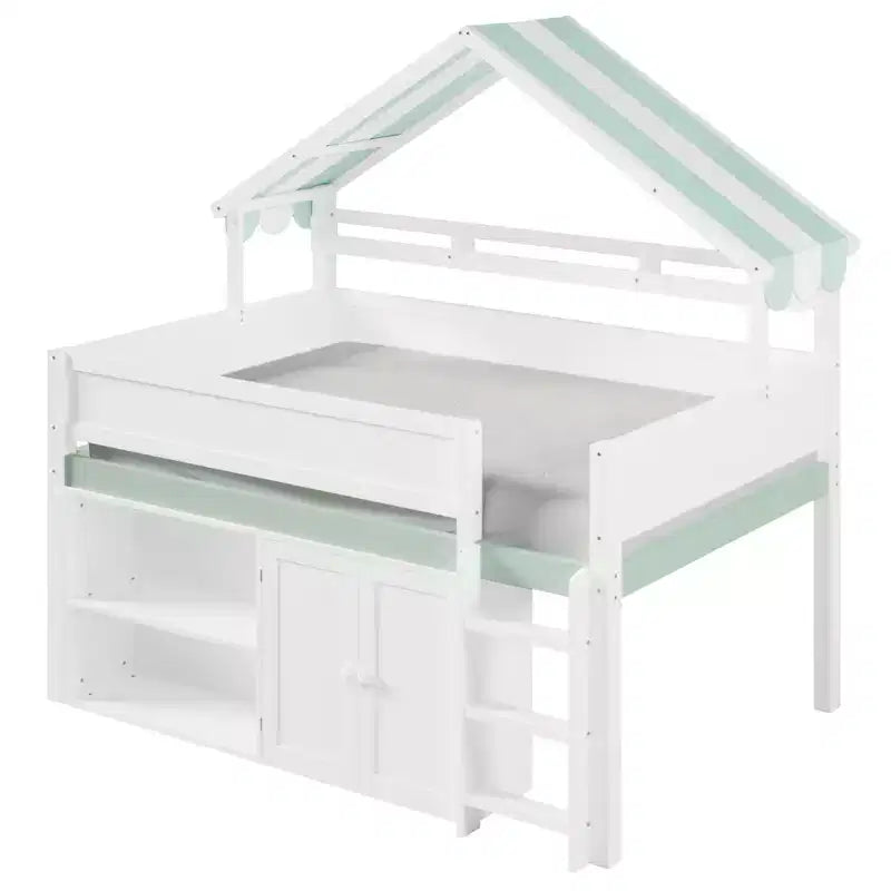 Full Size Loft Bed with Storage Cabinet & Shelves, Full Wood Playhouse Loft Bed Frame with Canopy Roof