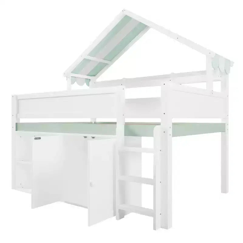 Full Size Loft Bed with Storage Cabinet & Shelves, Full Wood Playhouse Loft Bed Frame with Canopy Roof