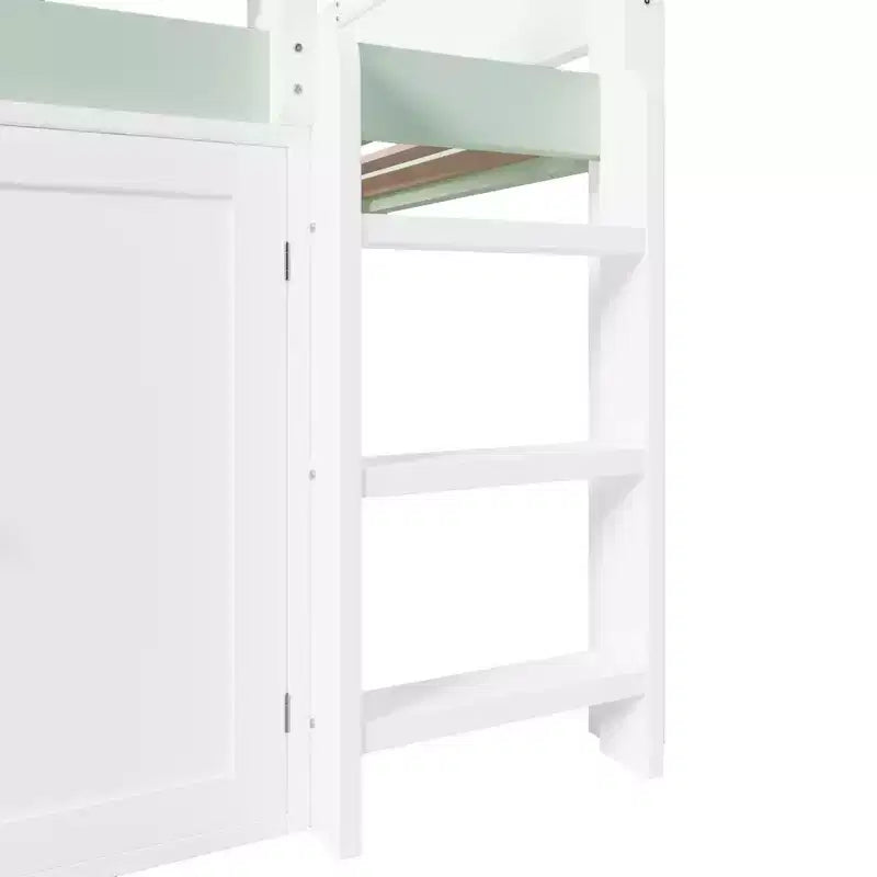 Full Size Loft Bed with Storage Cabinet & Shelves, Full Wood Playhouse Loft Bed Frame with Canopy Roof