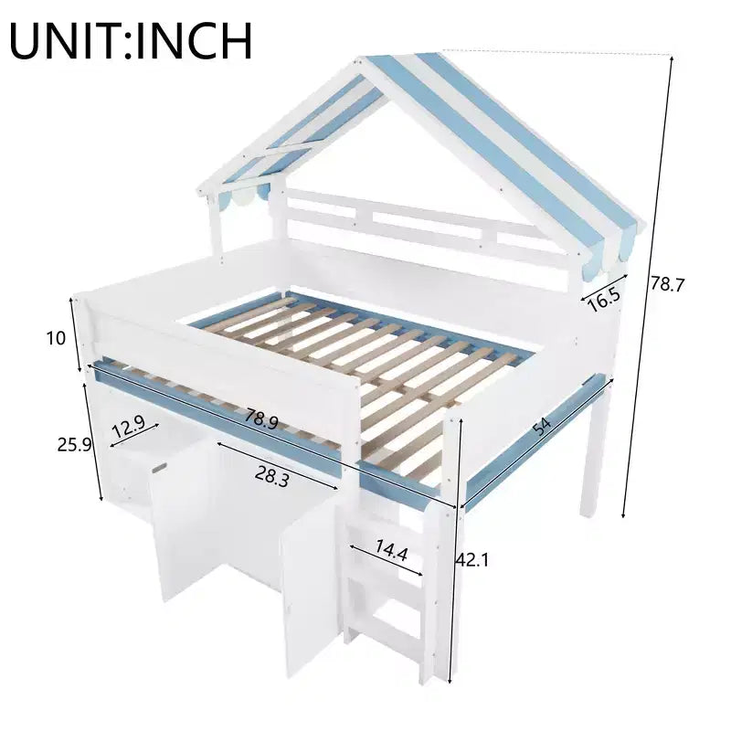 Full Size Loft Bed with Storage Cabinet & Shelves, Full Wood Playhouse Loft Bed Frame with Canopy Roof
