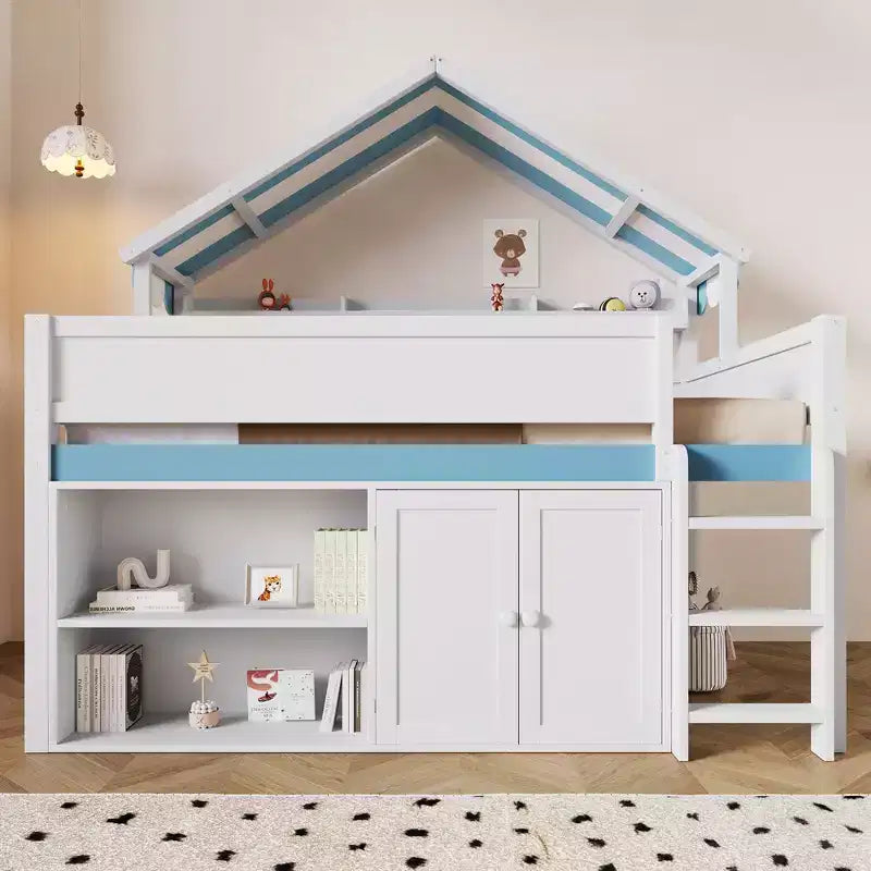 Full Size Loft Bed with Storage Cabinet & Shelves, Full Wood Playhouse Loft Bed Frame with Canopy Roof