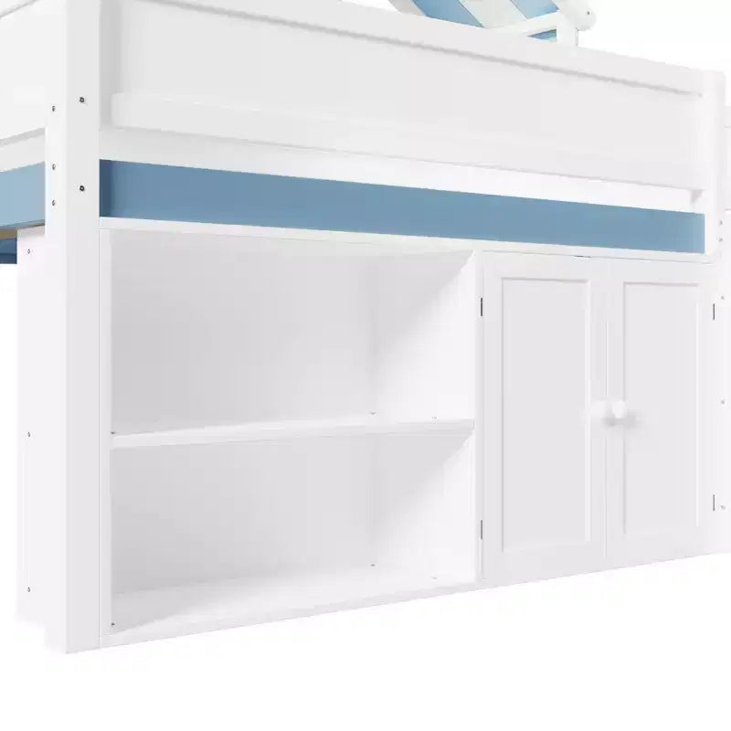 Full Size Loft Bed with Storage Cabinet & Shelves, Full Wood Playhouse Loft Bed Frame with Canopy Roof