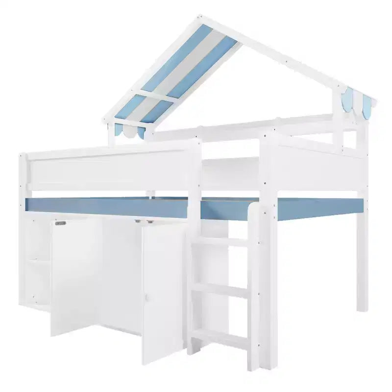 Full Size Loft Bed with Storage Cabinet & Shelves, Full Wood Playhouse Loft Bed Frame with Canopy Roof