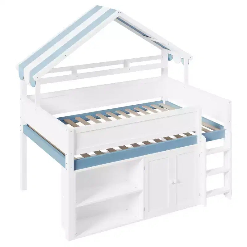 Full Size Loft Bed with Storage Cabinet & Shelves, Full Wood Playhouse Loft Bed Frame with Canopy Roof