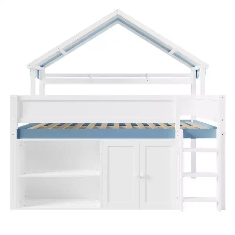 Full Size Loft Bed with Storage Cabinet & Shelves, Full Wood Playhouse Loft Bed Frame with Canopy Roof