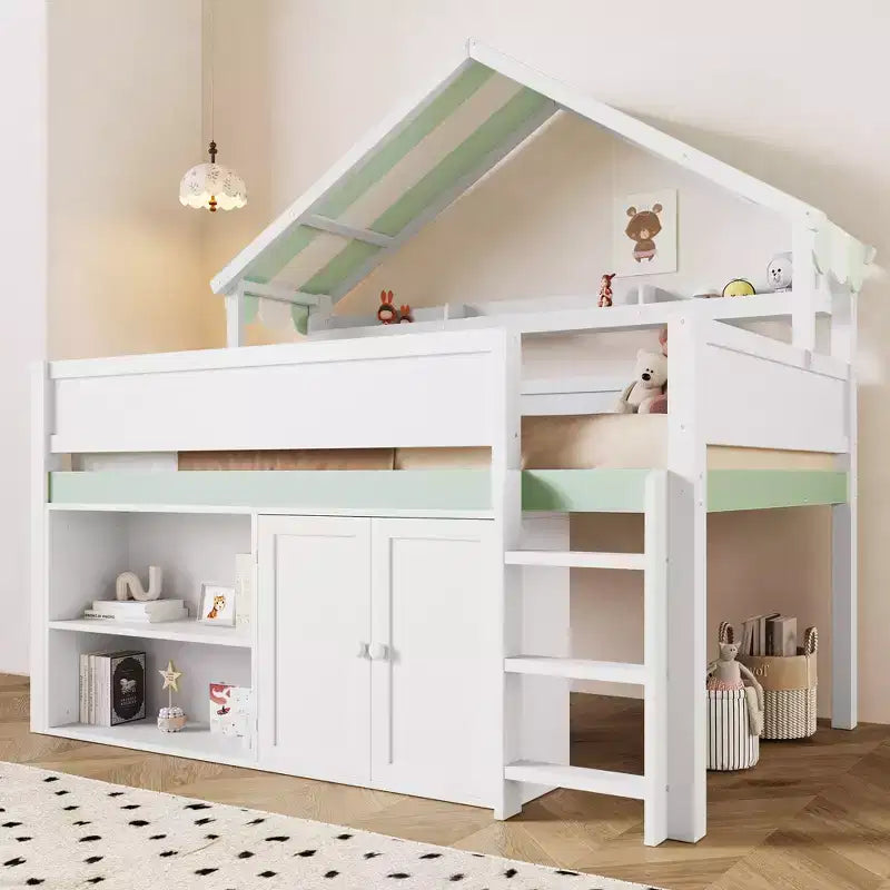 Full Size Loft Bed with Storage Cabinet & Shelves, Full Wood Playhouse Loft Bed Frame with Canopy Roof