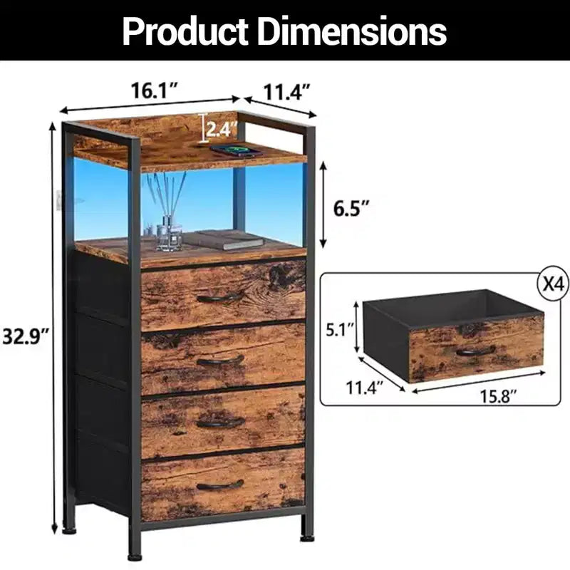 Bedside Table with 4 Fabric Drawers & Open Shelf 41x29x83.5cm Nightstand for Bedroom, Living Room & Office