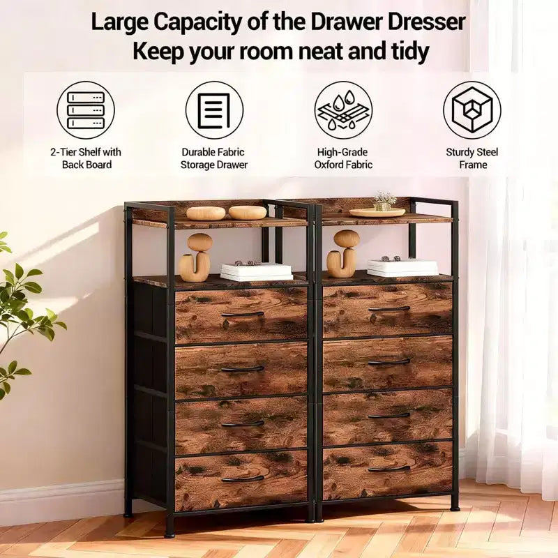 Bedside Table with 4 Fabric Drawers & Open Shelf 41x29x83.5cm Nightstand for Bedroom, Living Room & Office