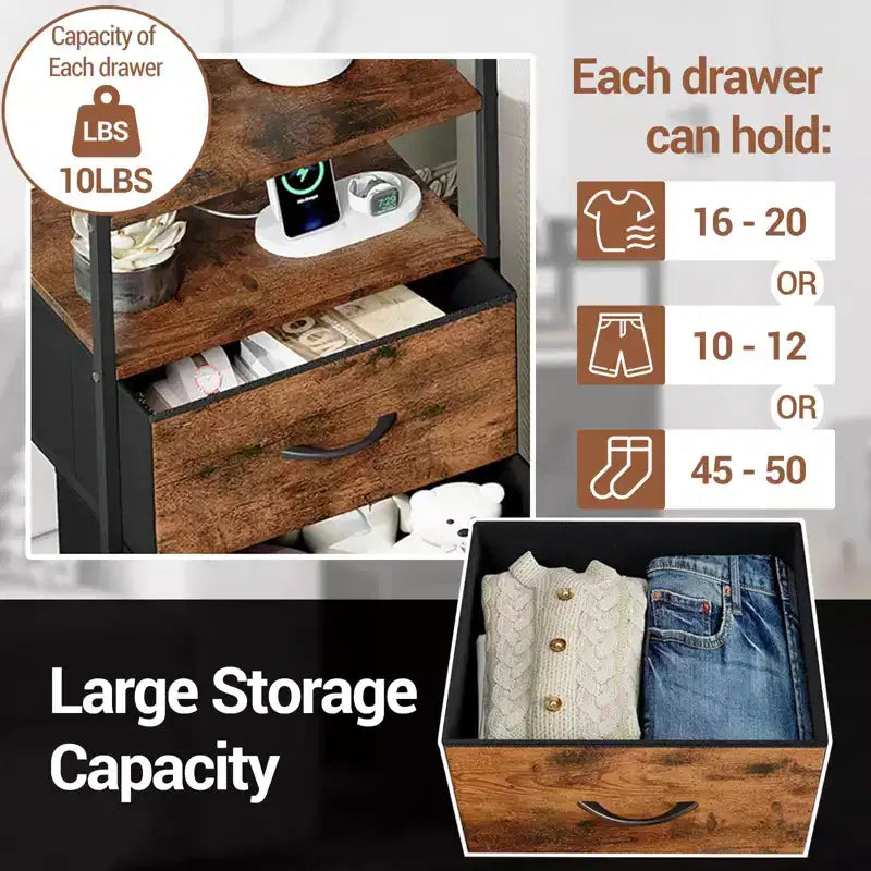 Bedside Table with 4 Fabric Drawers & Open Shelf 41x29x83.5cm Nightstand for Bedroom, Living Room & Office