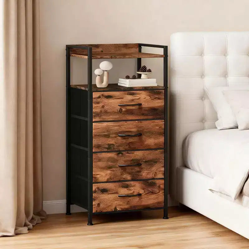 Bedside Table with 4 Fabric Drawers & Open Shelf 41x29x83.5cm Nightstand for Bedroom, Living Room & Office