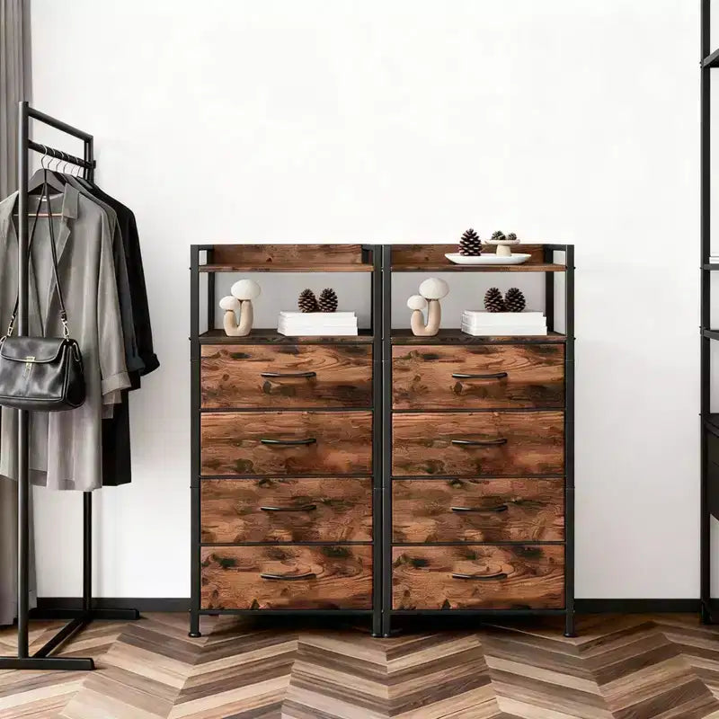 Bedside Table with 4 Fabric Drawers & Open Shelf 41x29x83.5cm Nightstand for Bedroom, Living Room & Office