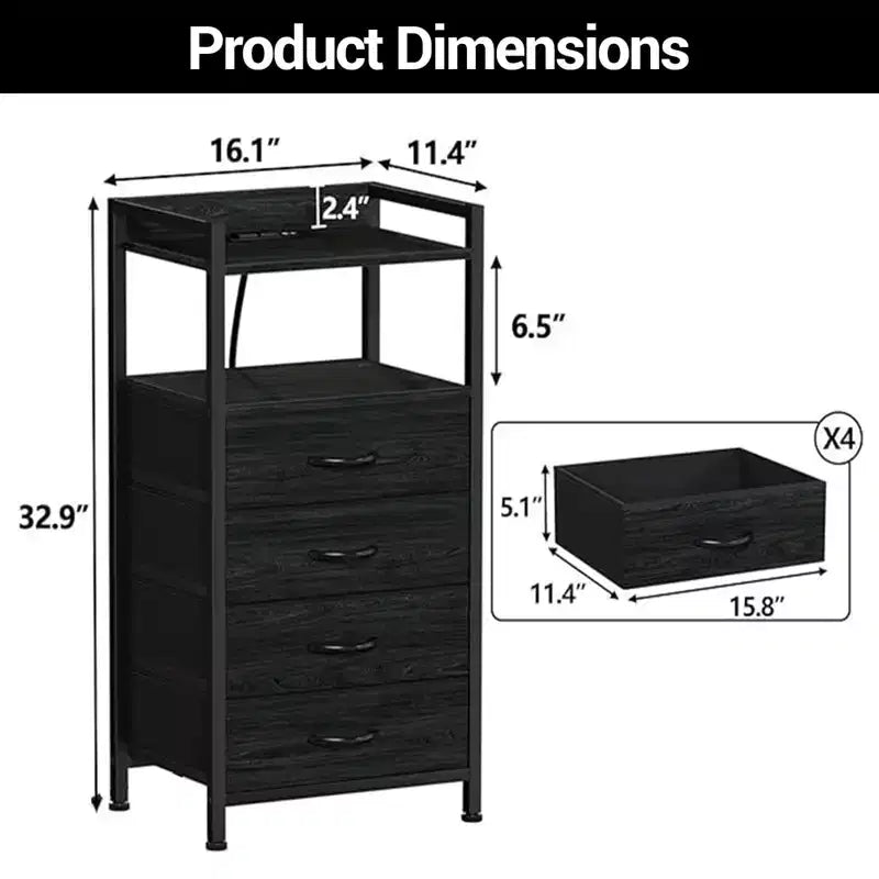 Bedside Table with 4 Fabric Drawers & Open Shelf 41x29x83.5cm Nightstand for Bedroom, Living Room & Office